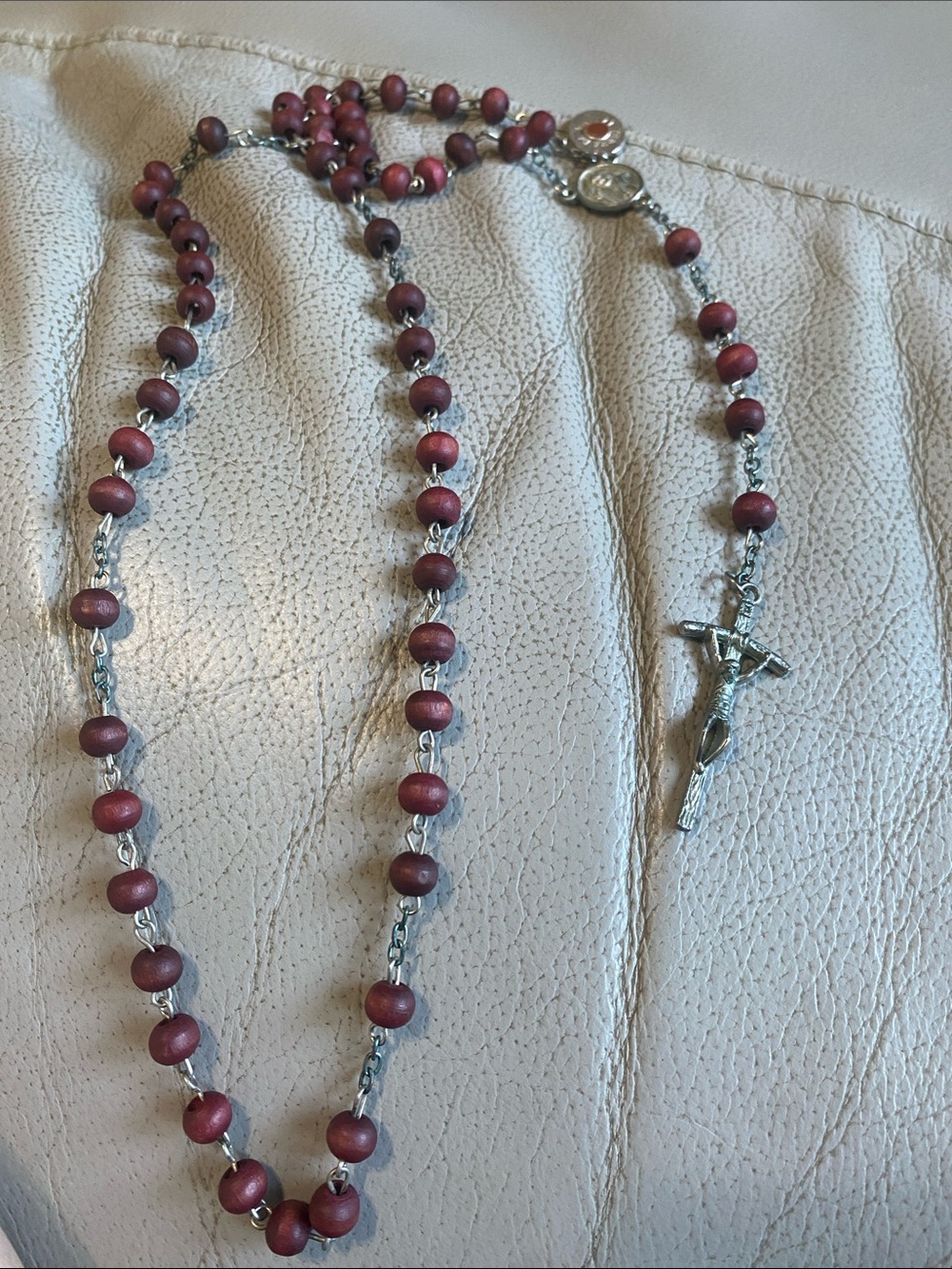 Vintage Rosary Necklace with Burgundy Wood Beads and Silver Crucifix